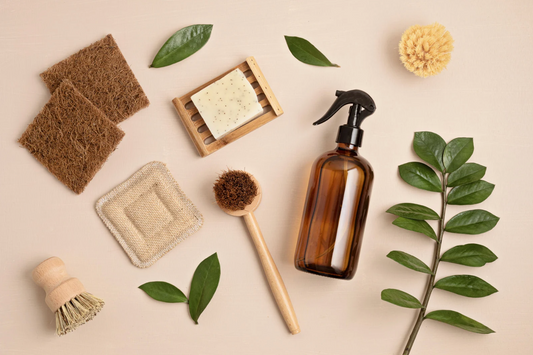 Low-toxin, earth-friendly products on a neutral background